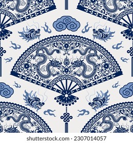 Seamless pattern happy chinese new year 2024 the dragon zodiac sign with asian elements paper cut style on color background. ( Translation : happy new year 2024 year of the dragon )