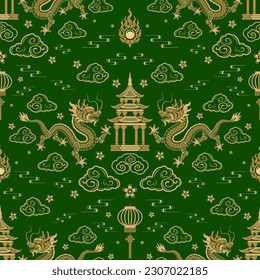 Seamless pattern happy chinese new year 2024 the dragon zodiac sign with asian elements paper cut style on color background. ( Translation : happy new year 2024 year of the dragon )