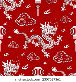 Seamless pattern happy chinese new year 2024 the dragon zodiac sign with asian elements paper cut style on color background. ( Translation : happy new year 2024 year of the dragon )