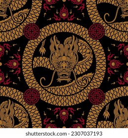 Seamless pattern happy chinese new year 2024 the dragon zodiac sign with asian elements paper cut style on color background. ( Translation : happy new year 2024 year of the dragon )