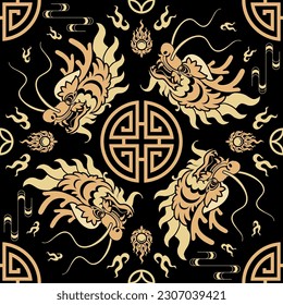 Seamless pattern happy chinese new year 2024 the dragon zodiac sign with asian elements paper cut style on color background. ( Translation : happy new year 2024 year of the dragon )