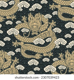 Seamless pattern happy chinese new year 2024 the dragon zodiac sign with asian elements paper cut style on color background. ( Translation : happy new year 2024 year of the dragon )