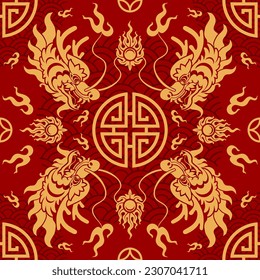 Seamless pattern happy chinese new year 2024 the dragon zodiac sign with asian elements paper cut style on color background. ( Translation : happy new year 2024 year of the dragon )