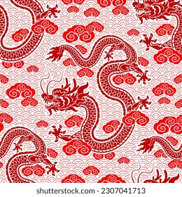 Seamless pattern happy chinese new year 2024 the dragon zodiac sign with asian elements paper cut style on color background. ( Translation : happy new year 2024 year of the dragon )