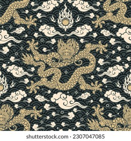 Seamless pattern happy chinese new year 2024 the dragon zodiac sign with asian elements paper cut style on color background. ( Translation : happy new year 2024 year of the dragon )