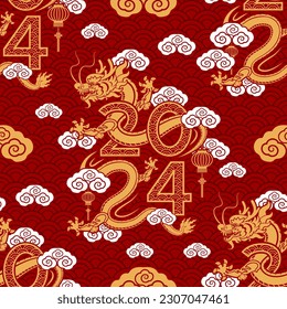 Seamless pattern happy chinese new year 2024 the dragon zodiac sign with asian elements paper cut style on color background. ( Translation : happy new year 2024 year of the dragon )