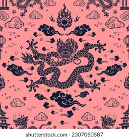 Seamless pattern happy chinese new year 2024 the dragon zodiac sign with asian elements paper cut style on color background. ( Translation : happy new year 2024 year of the dragon )