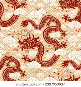 Seamless pattern happy chinese new year 2024 the dragon zodiac sign with asian elements paper cut style on color background. ( Translation : happy new year 2024 year of the dragon )