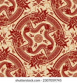 Seamless pattern happy chinese new year 2024 the dragon zodiac sign with asian elements paper cut style on color background. ( Translation : happy new year 2024 year of the dragon )