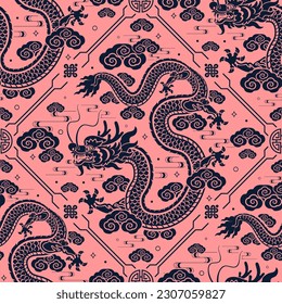 Seamless pattern happy chinese new year 2024 the dragon zodiac sign with asian elements paper cut style on color background. ( Translation : happy new year 2024 year of the dragon )