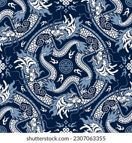 Seamless pattern happy chinese new year 2024 the dragon zodiac sign with asian elements paper cut style on color background. ( Translation : happy new year 2024 year of the dragon )