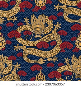 Seamless pattern happy chinese new year 2024 the dragon zodiac sign with asian elements paper cut style on color background. ( Translation : happy new year 2024 year of the dragon )