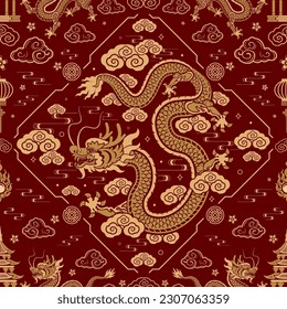 Seamless pattern happy chinese new year 2024 the dragon zodiac sign with asian elements paper cut style on color background. ( Translation : happy new year 2024 year of the dragon )