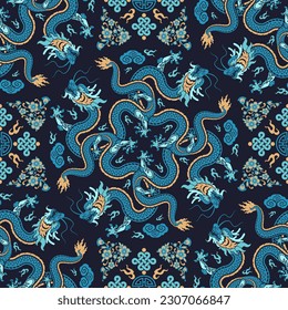 Seamless pattern happy chinese new year 2024 the dragon zodiac sign with asian elements paper cut style on color background. ( Translation : happy new year 2024 year of the dragon )