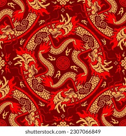 Seamless pattern happy chinese new year 2024 the dragon zodiac sign with asian elements paper cut style on color background. ( Translation : happy new year 2024 year of the dragon )