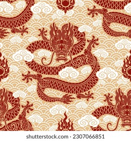 Seamless pattern happy chinese new year 2024 the dragon zodiac sign with asian elements paper cut style on color background. ( Translation : happy new year 2024 year of the dragon )