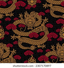 Seamless pattern happy chinese new year 2024 the dragon zodiac sign with asian elements paper cut style on color background. ( Translation : happy new year 2024 year of the dragon )