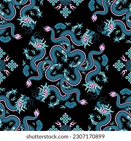 Seamless pattern happy chinese new year 2024 the dragon zodiac sign with asian elements paper cut style on color background. ( Translation : happy new year 2024 year of the dragon )