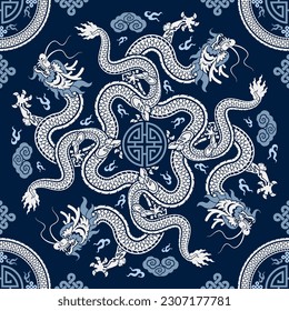 Seamless pattern happy chinese new year 2024 the dragon zodiac sign with asian elements paper cut style on color background. ( Translation : happy new year 2024 year of the dragon )