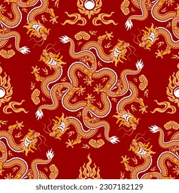 Seamless pattern happy chinese new year 2024 the dragon zodiac sign with asian elements paper cut style on color background. ( Translation : happy new year 2024 year of the dragon )