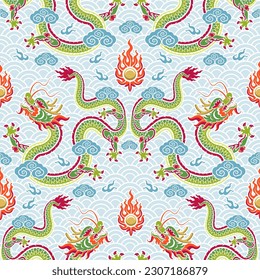 Seamless pattern happy chinese new year 2024 the dragon zodiac sign with asian elements paper cut style on color background. ( Translation : happy new year 2024 year of the dragon )