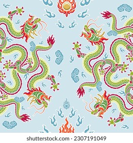 Seamless pattern happy chinese new year 2024 the dragon zodiac sign with asian elements paper cut style on color background. ( Translation : happy new year 2024 year of the dragon )