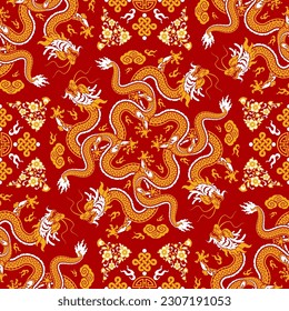 Seamless pattern happy chinese new year 2024 the dragon zodiac sign with asian elements paper cut style on color background. ( Translation : happy new year 2024 year of the dragon )