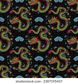 Seamless pattern happy chinese new year 2024 the dragon zodiac sign with asian elements paper cut style on color background. ( Translation : happy new year 2024 year of the dragon )