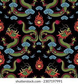 Seamless pattern happy chinese new year 2024 the dragon zodiac sign with asian elements paper cut style on color background. ( Translation : happy new year 2024 year of the dragon )