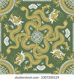 Seamless pattern happy chinese new year 2024 the dragon zodiac sign with asian elements paper cut style on color background. ( Translation : happy new year 2024 year of the dragon )