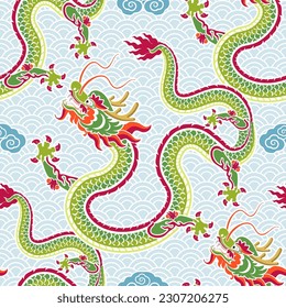 Seamless pattern happy chinese new year 2024 the dragon zodiac sign with asian elements paper cut style on color background. ( Translation : happy new year 2024 year of the dragon )