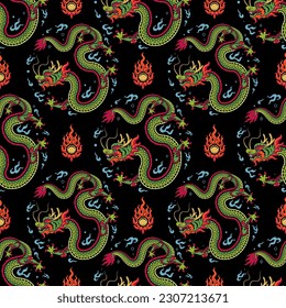 Seamless pattern happy chinese new year 2024 the dragon zodiac sign with asian elements paper cut style on color background. ( Translation : happy new year 2024 year of the dragon )