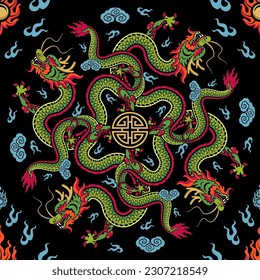 Seamless pattern happy chinese new year 2024 the dragon zodiac sign with asian elements paper cut style on color background. ( Translation : happy new year 2024 year of the dragon )