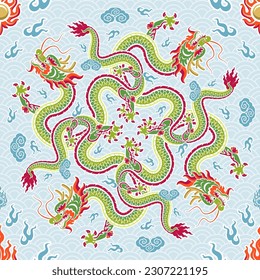 Seamless pattern happy chinese new year 2024 the dragon zodiac sign with asian elements paper cut style on color background. ( Translation : happy new year 2024 year of the dragon )