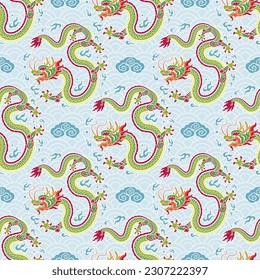 Seamless pattern happy chinese new year 2024 the dragon zodiac sign with asian elements paper cut style on color background. ( Translation : happy new year 2024 year of the dragon )