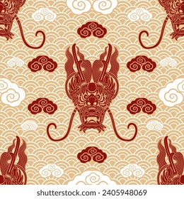 Seamless pattern happy chinese new year 2024 the dragon zodiac sign with asian elements paper cut style on color background. ( Translation : happy new year 2024 year of the dragon )