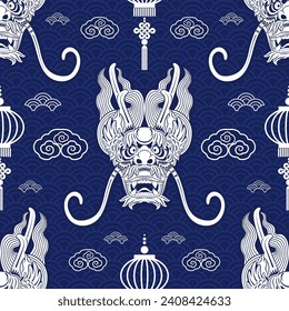 Seamless pattern happy chinese new year 2024 the dragon zodiac sign with asian elements paper cut style on color background. ( Translation : happy new year 2024 year of the dragon )