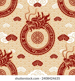 Seamless pattern happy chinese new year 2024 the dragon zodiac sign with asian elements paper cut style on color background. ( Translation : happy new year 2024 year of the dragon )