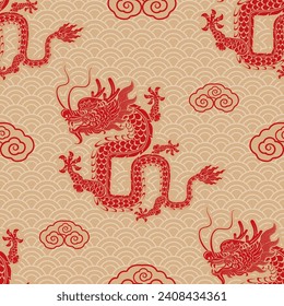 Seamless pattern happy chinese new year 2024 the dragon zodiac sign with asian elements paper cut style on color background. ( Translation : happy new year 2024 year of the dragon )