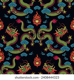 Seamless pattern happy chinese new year 2024 the dragon zodiac sign with asian elements paper cut style on color background. ( Translation : happy new year 2024 year of the dragon )