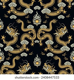 Seamless pattern happy chinese new year 2024 the dragon zodiac sign with asian elements paper cut style on color background. ( Translation : happy new year 2024 year of the dragon )