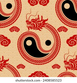 Seamless pattern happy chinese new year 2024 the dragon zodiac sign with yin yang and asian elements paper cut style on color background. ( Translation : happy new year 2024 year of the dragon )