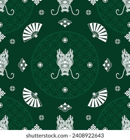 Seamless pattern happy chinese new year 2024 the dragon zodiac sign with asian elements paper cut style on color background. ( Translation : happy new year 2024 year of the dragon )