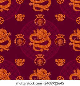 Seamless pattern happy chinese new year 2024 the dragon zodiac sign with asian elements paper cut style on color background. ( Translation : happy new year 2024 year of the dragon )