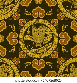 Seamless pattern happy chinese new year 2024 the dragon zodiac sign with asian elements paper cut style on color background. ( Translation : happy new year 2024 year of the dragon )