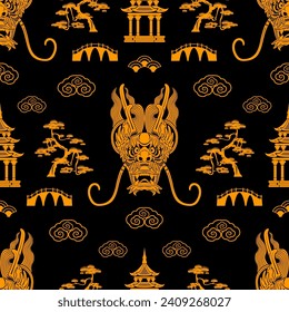 Seamless pattern happy chinese new year 2024 the dragon zodiac sign with asian elements paper cut style on color background. ( Translation : happy new year 2024 year of the dragon )