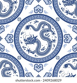 Seamless pattern happy chinese new year 2024 the dragon zodiac sign with asian elements paper cut style on color background. ( Translation : happy new year 2024 year of the dragon )