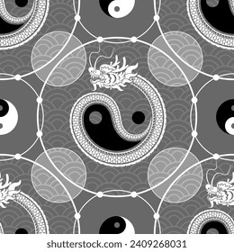 Seamless pattern happy chinese new year 2024 the dragon zodiac sign with asian elements paper cut style on color background. ( Translation : happy new year 2024 year of the dragon )