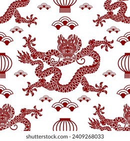 Seamless pattern happy chinese new year 2024 the dragon zodiac sign with asian elements paper cut style on color background. ( Translation : happy new year 2024 year of the dragon )