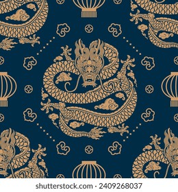 Seamless pattern happy chinese new year 2024 the dragon zodiac sign with asian elements paper cut style on color background. ( Translation : happy new year 2024 year of the dragon )